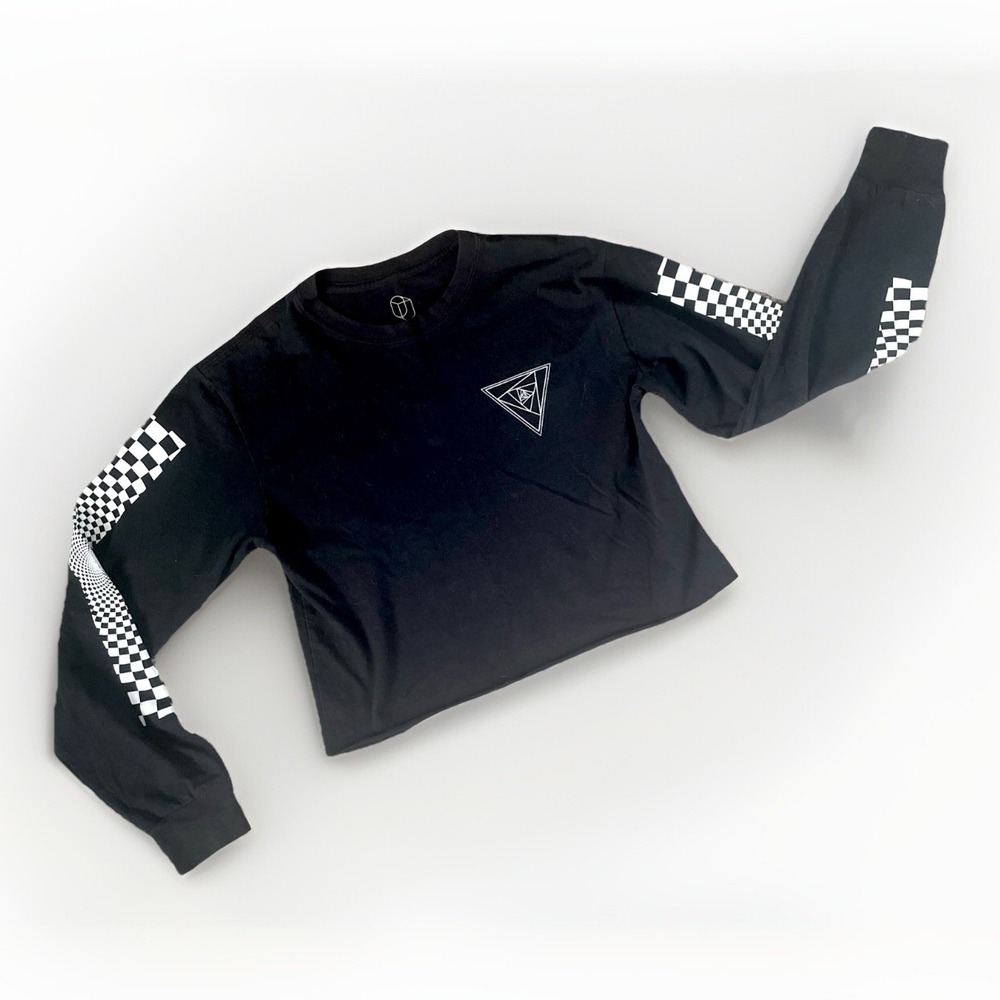Original Use Women XS Boxy Cropped Long Sleeve T-Shirt Black punk club Checkered